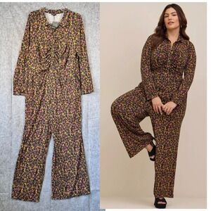 Torrid Studio Wide Leg Jumpsuit Knit Floral Long Sleeve Size 2 2X 18-20‎ Cottage